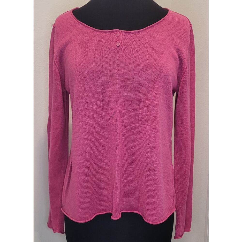 Eileen Fisher Linen Scoop Neck Knit Sweater Fuchsia Pink M Button Detail